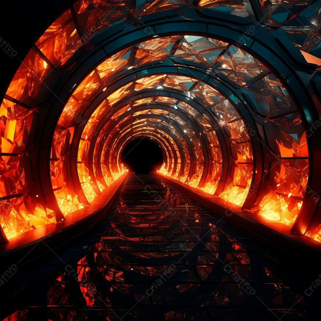Túnel futurista com cristais laranja e vermelho