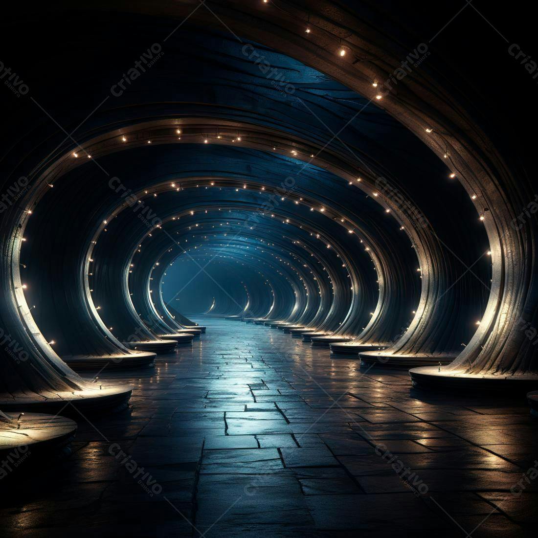 Túnel futurista iluminado com luzes quentes