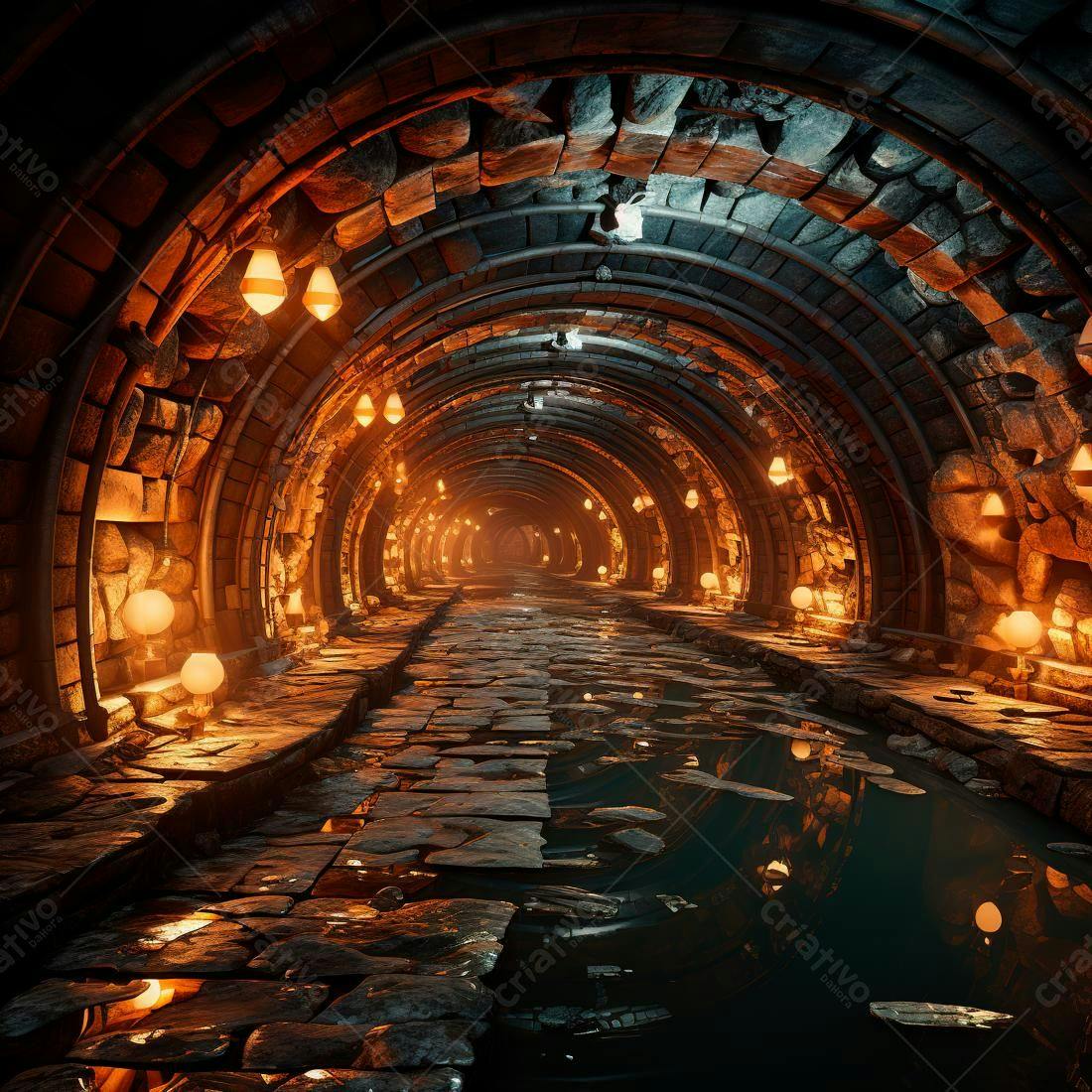 Túnel de pedra com iluminação amarela