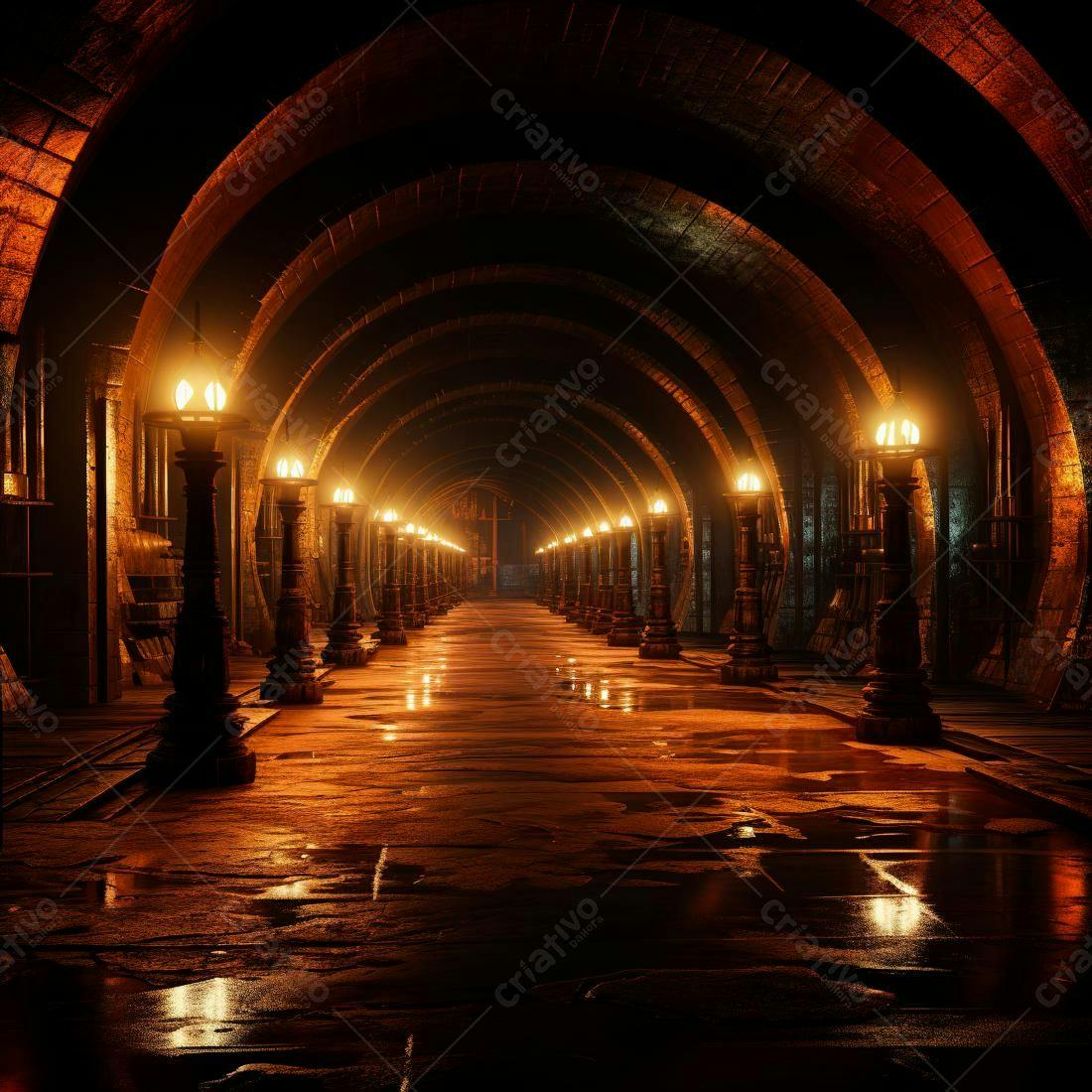 Corredor medieval iluminado a noite