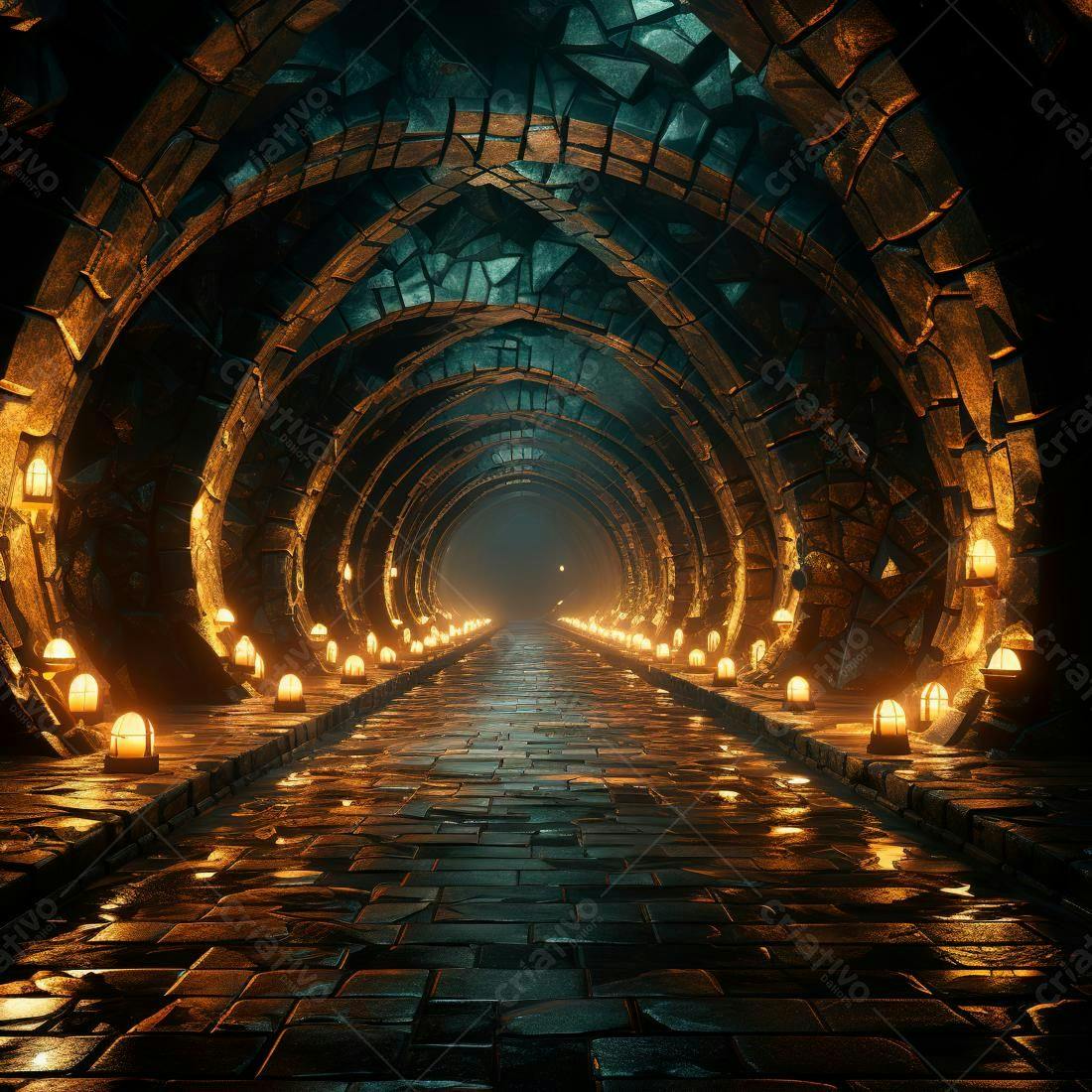 Túnel medieval iluminado com velas