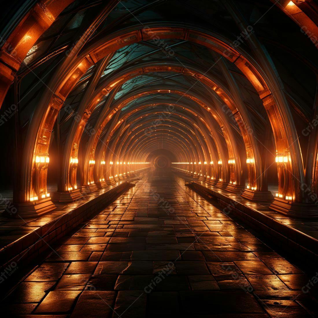 Túnel arqueado com iluminação dourada