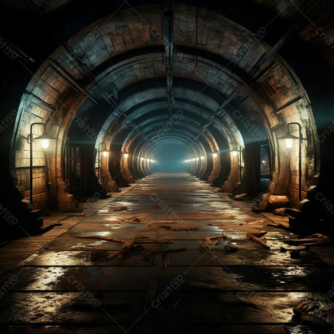 Túnel subterrâneo misterioso com iluminação amarela