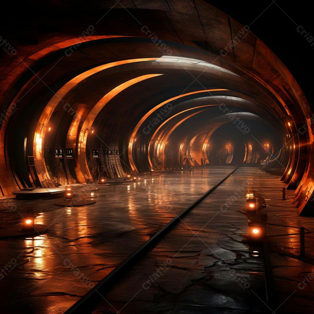 Túnel futurista com iluminação alaranjada