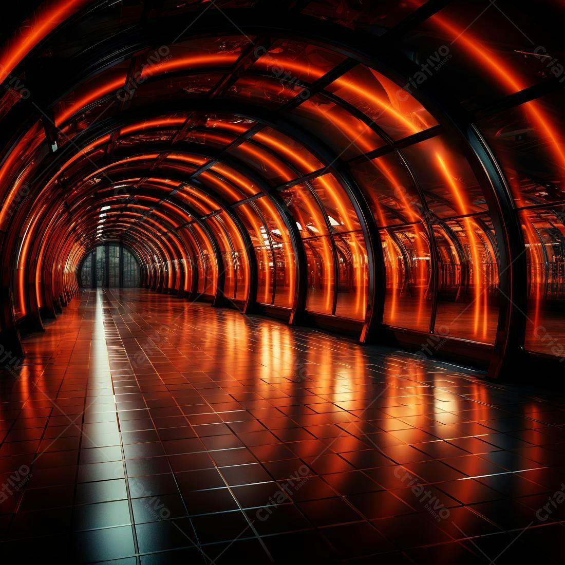 Túnel futurista com iluminação laranja intensa