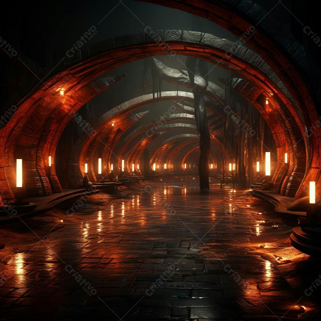 Corredor subterrâneo iluminado com arcos de pedra
