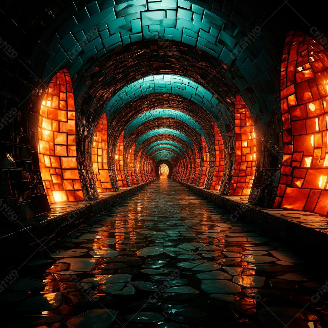 Túnel futurista com iluminação laranja e turquesa