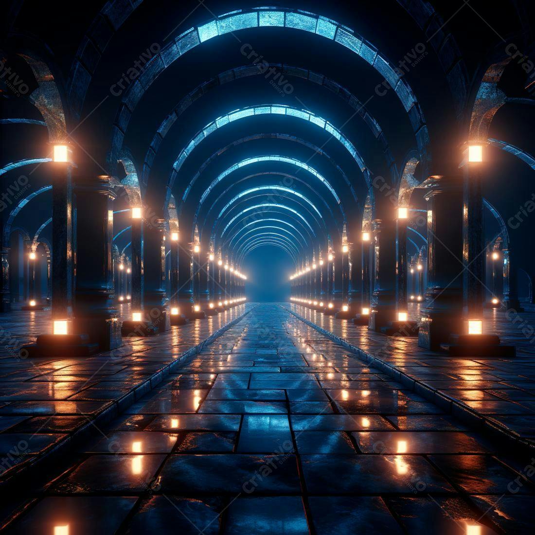 Galeria subterrânea iluminada com luzes azuis e laranjas