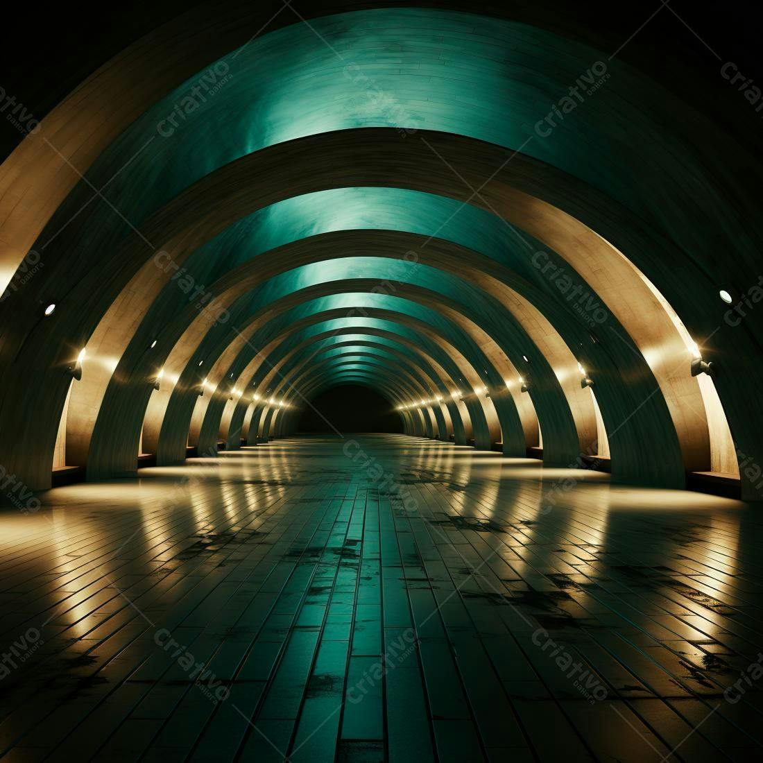 Túnel arqueado com iluminação teal e piso escuro