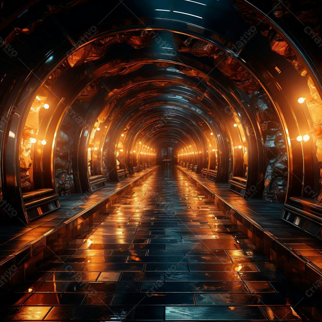 Túnel futurista com iluminação laranja