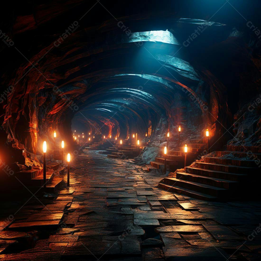 Túnel de pedra com tochas iluminando caminho