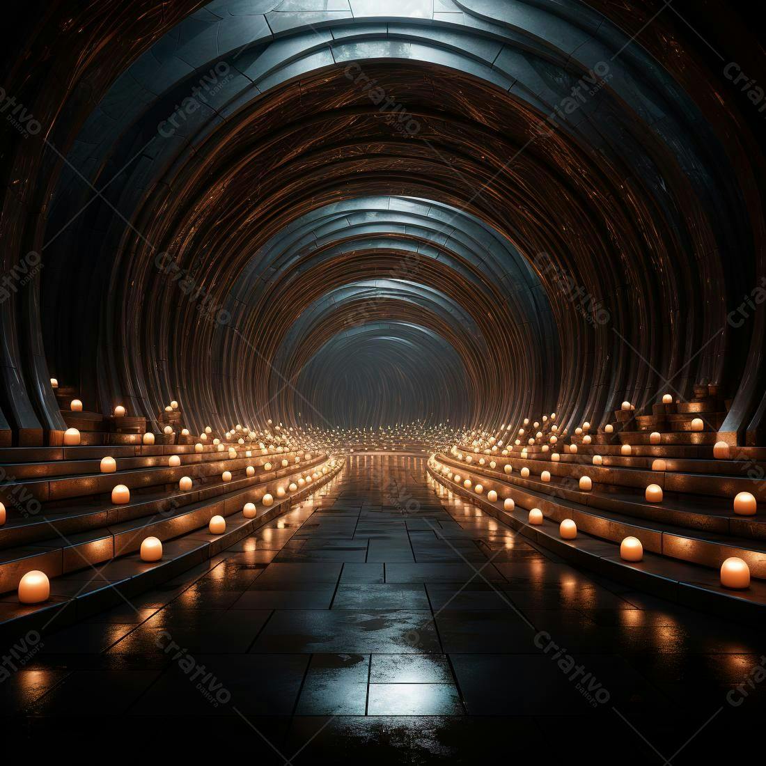 Túnel iluminado por velas em cenário futurista