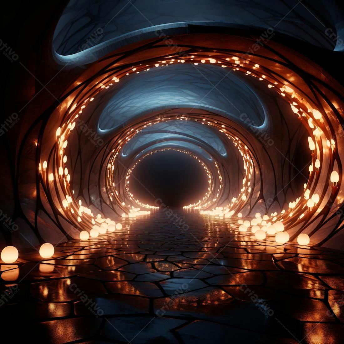 Túnel futurista com luzes laranja e azuis