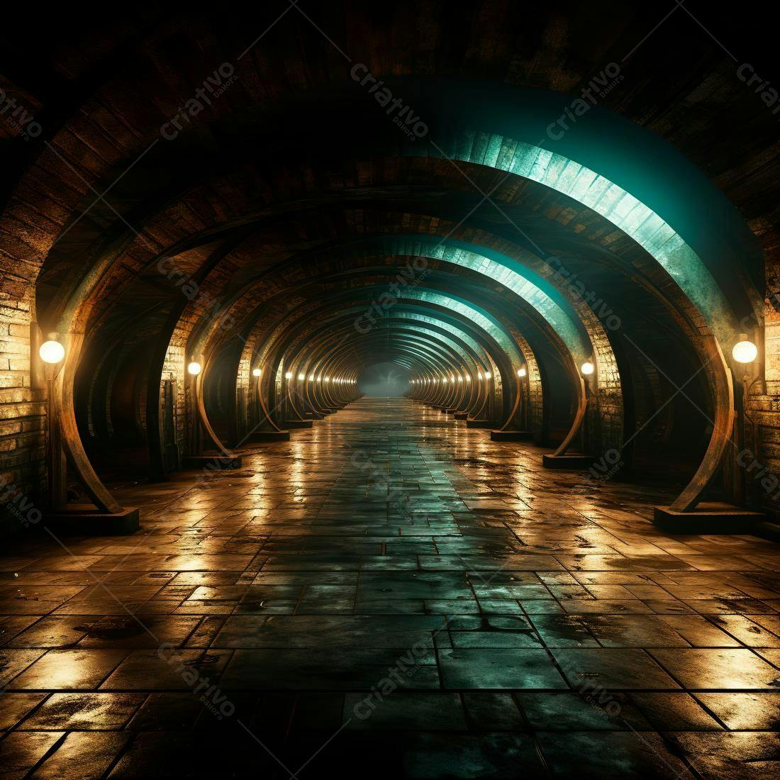 Túnel arqueado com iluminação dourada e turquesa
