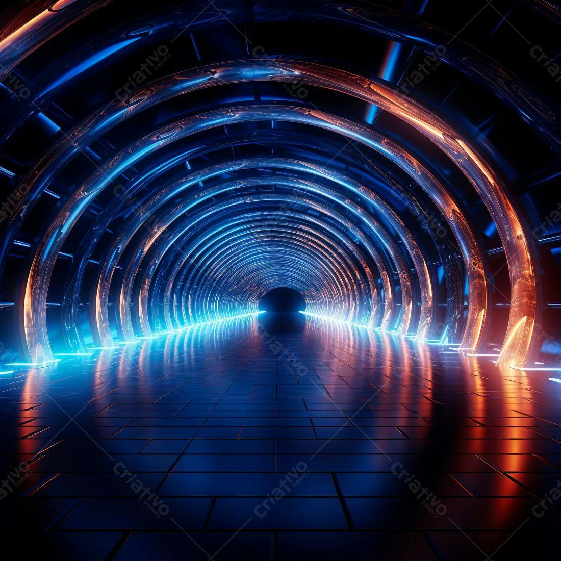 Túnel futurista com luzes azuis e laranjas
