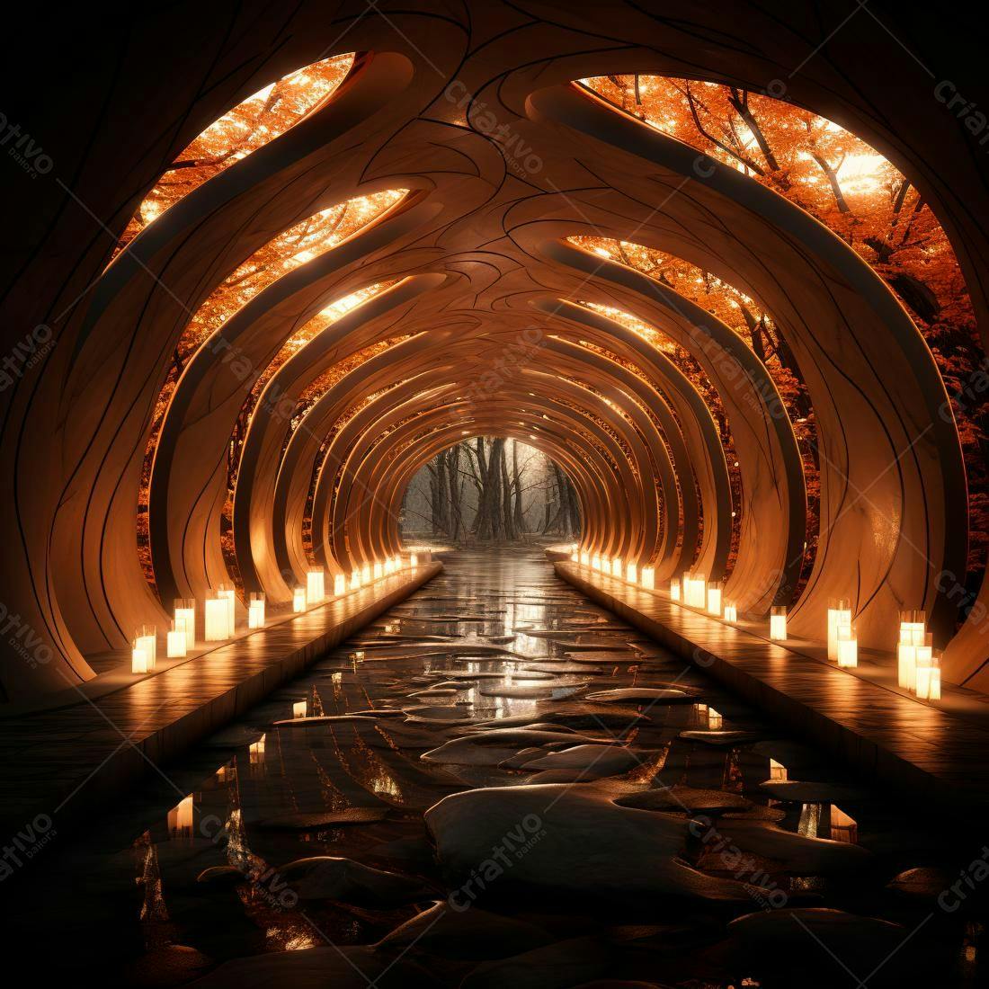 Túnel arqueado iluminado com velas outono