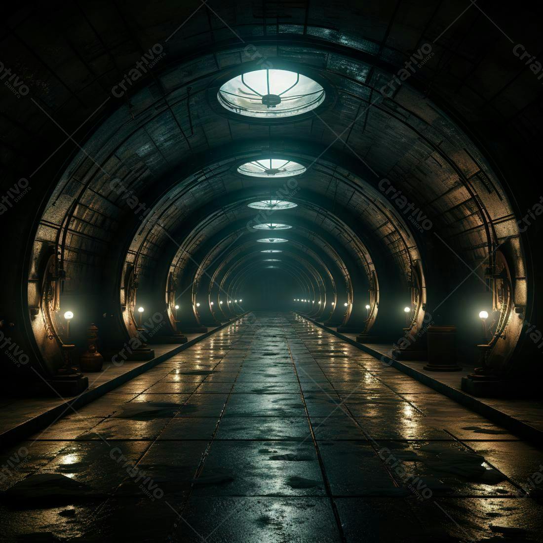 Túnel futurista escuro com iluminação suave