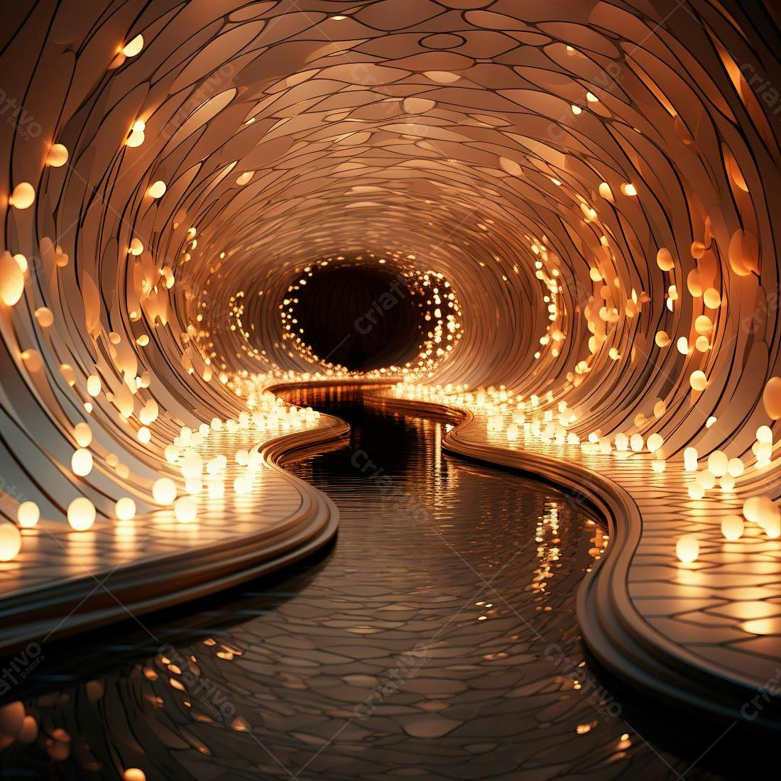 Túnel iluminado com rio interior