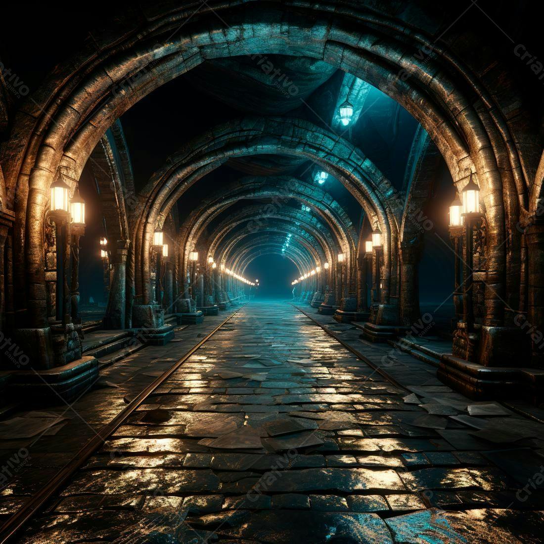 Passagem subterrânea gótica iluminada