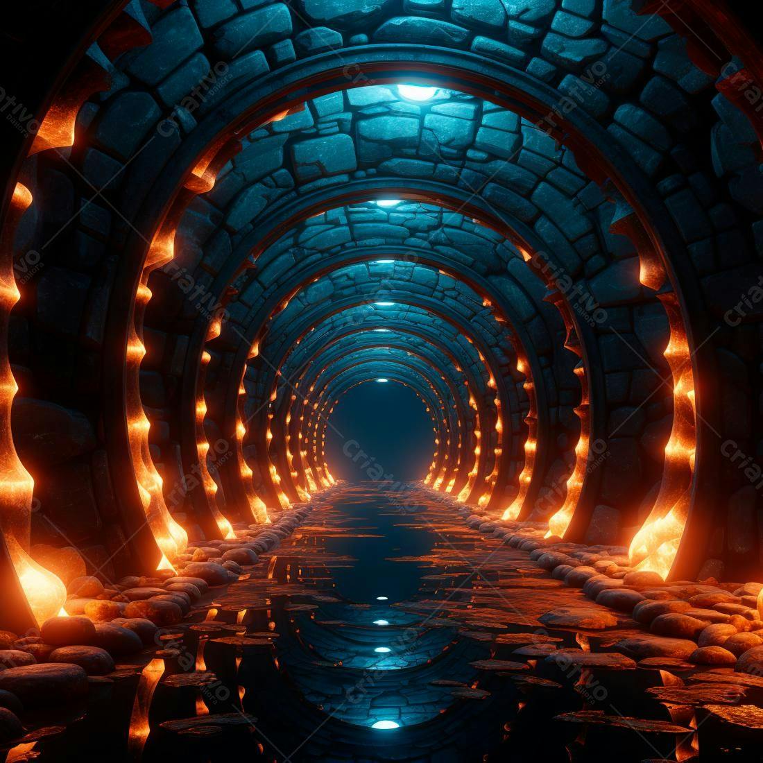 Túnel mágico azul e laranja com pedras