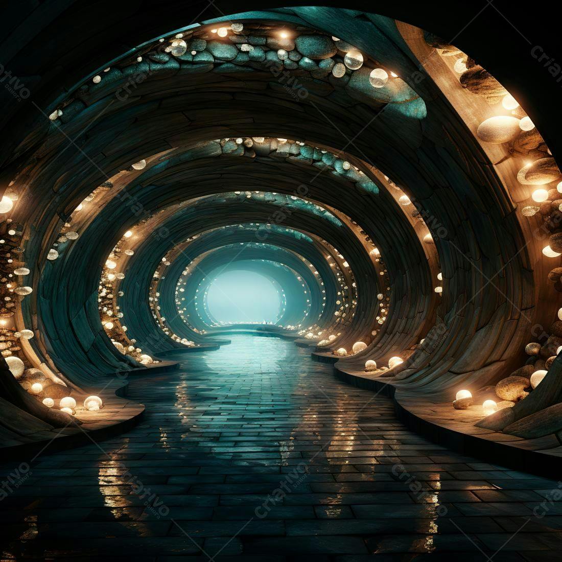 Túnel circular iluminado com pedras e luzes quentes