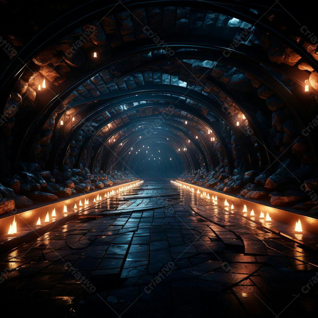 Túnel medieval com iluminação de velas