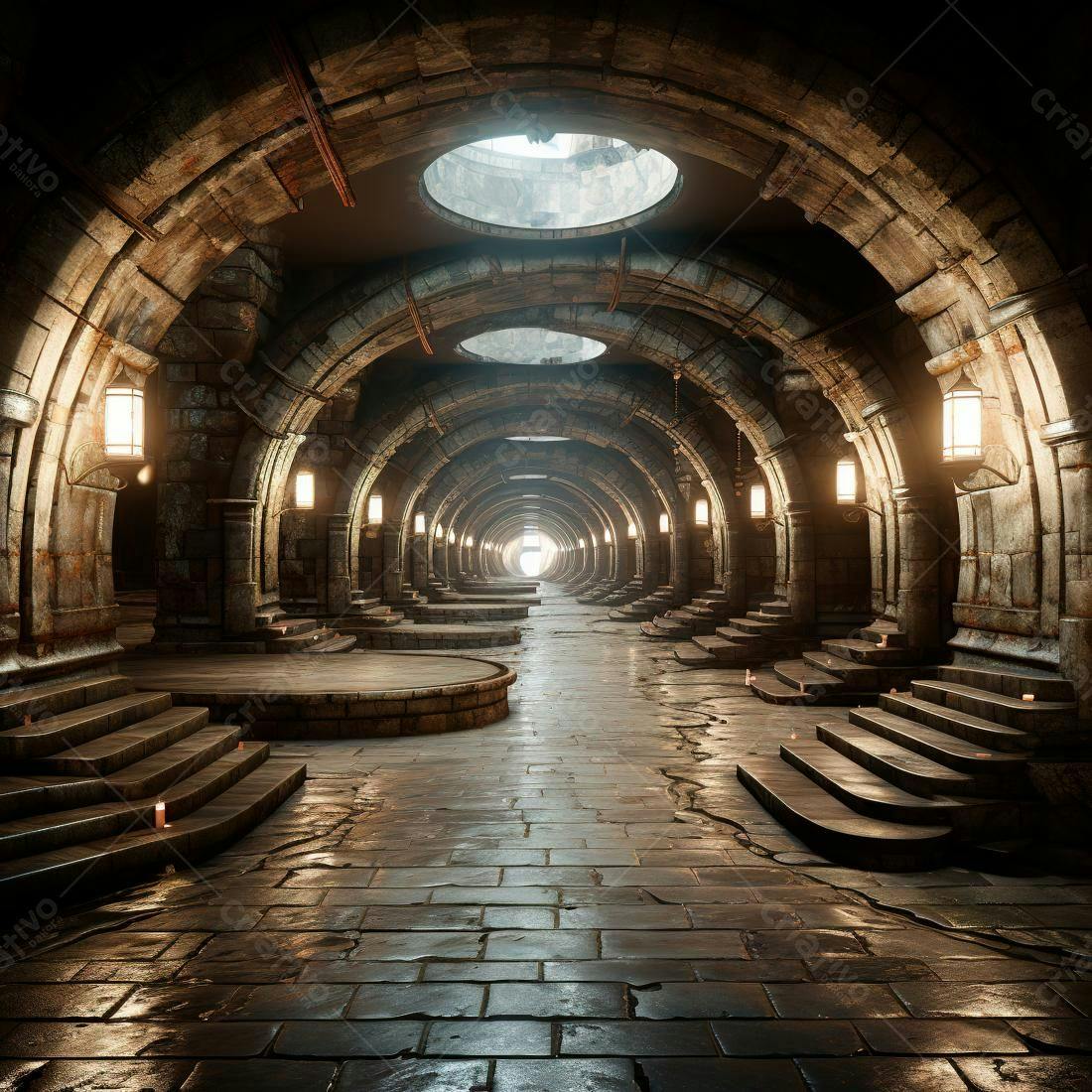 Corredor de pedra antigo com iluminação suave
