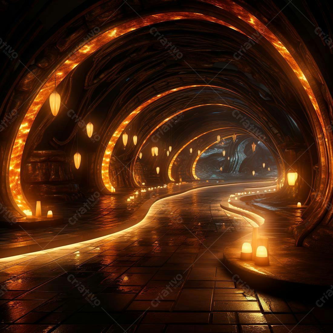 Corredor futurista iluminado com velas e lâmpadas