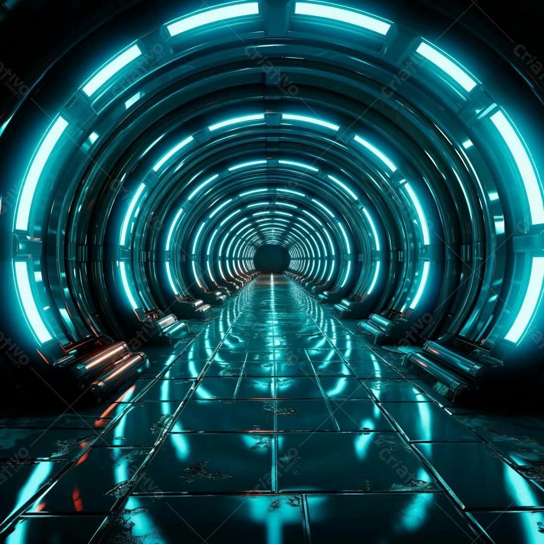 Túnel futurista com iluminação ciano