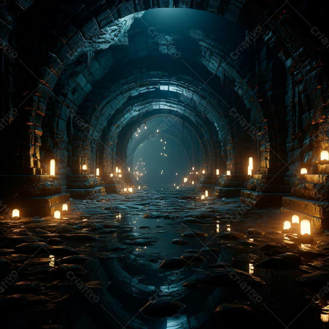 Túnel medieval com velas e água no chão