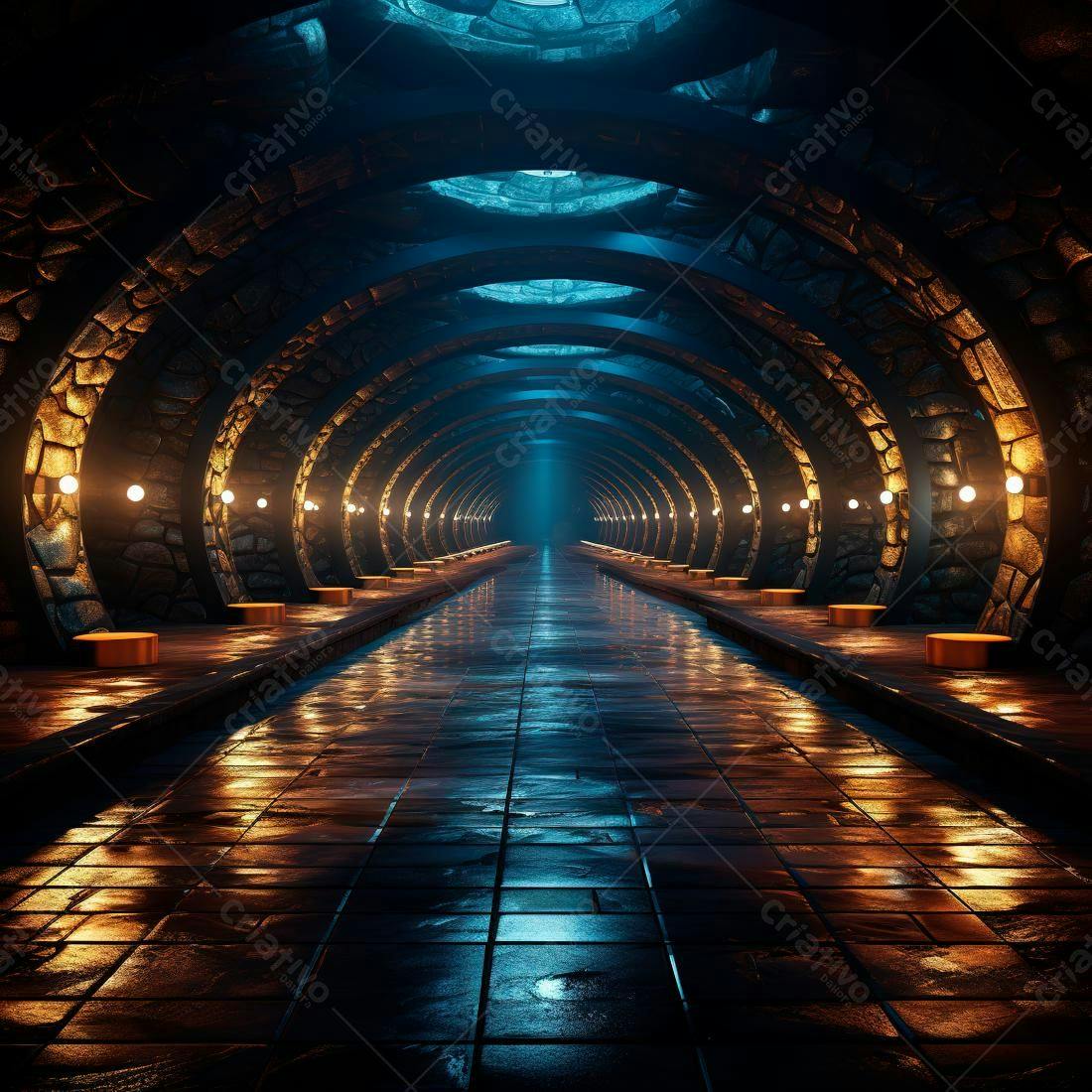 Túnel futurista com iluminação dourada e azul