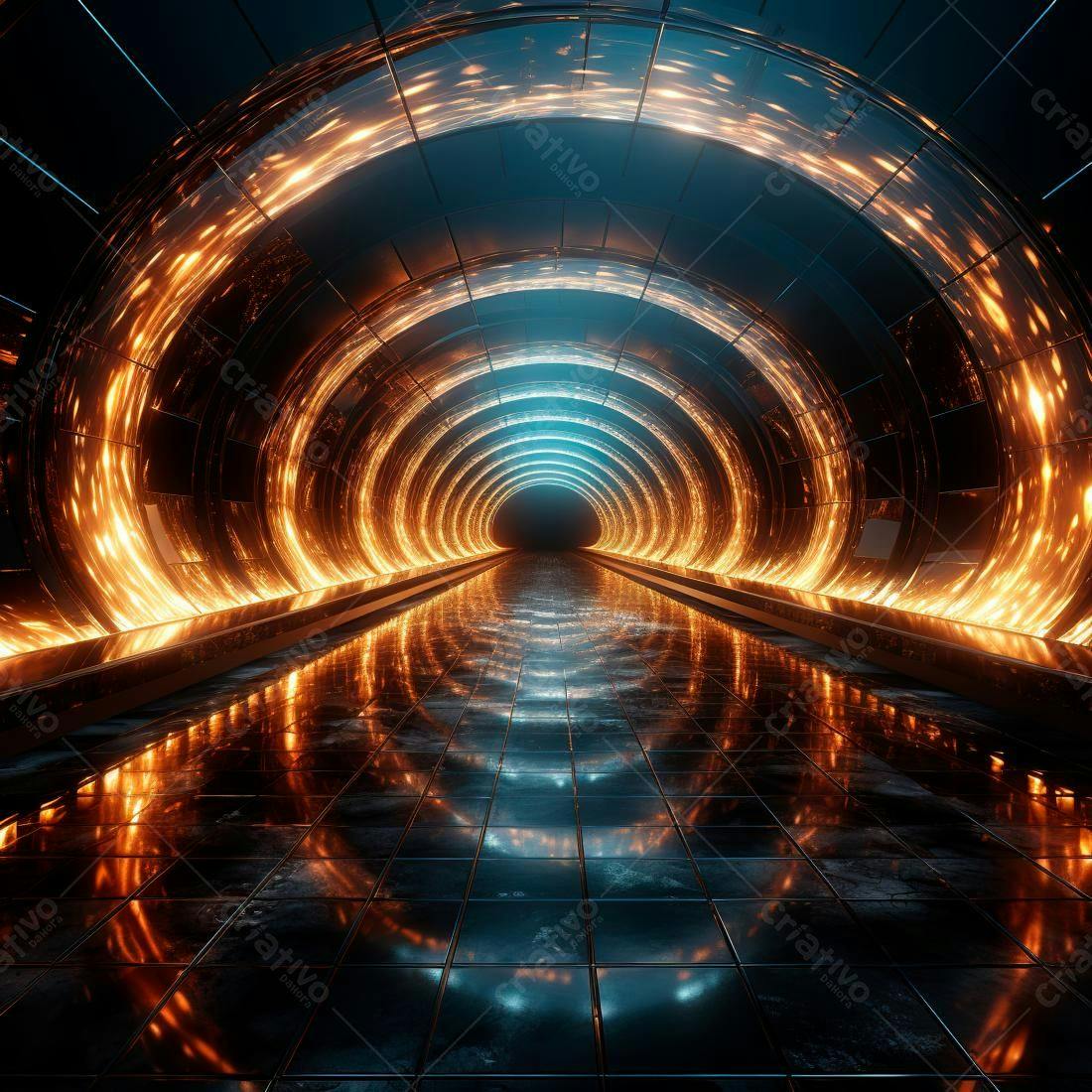 Túnel futurista com luzes laranja e azul