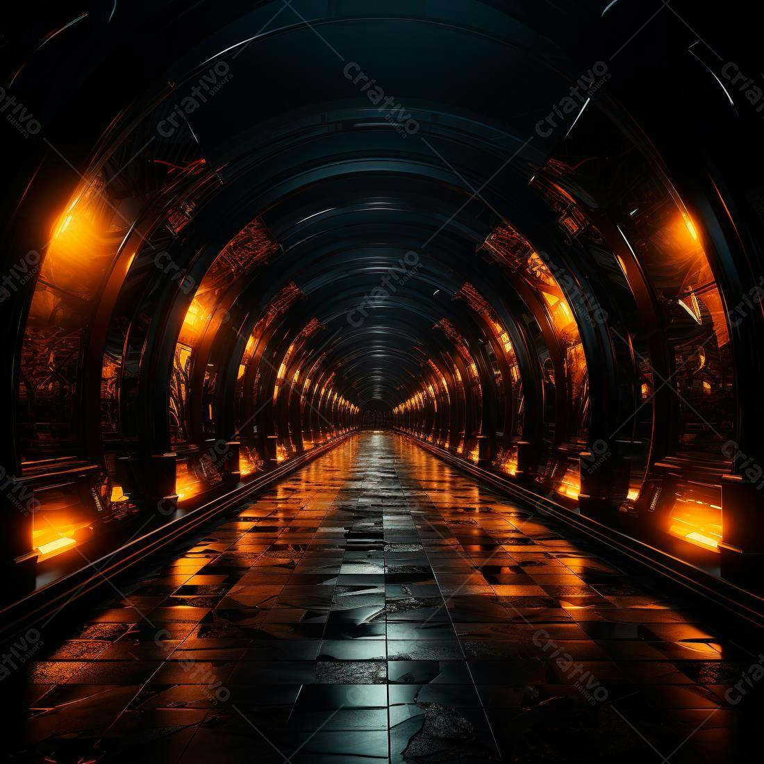 Corredor futurista com iluminação laranja e piso escuro