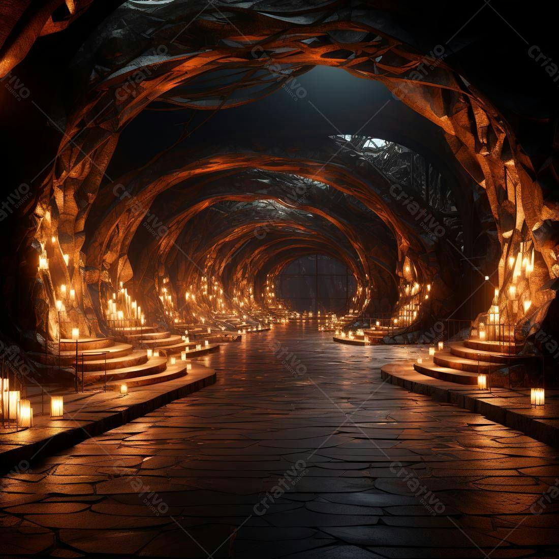 Túnel de pedra iluminado por velas