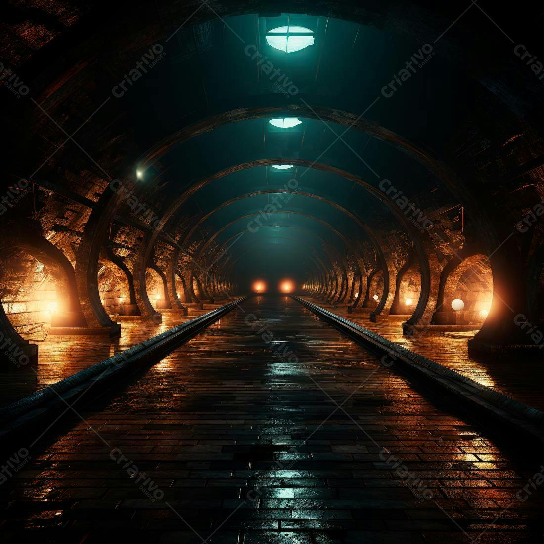 Túnel subterrâneo iluminado com tons laranja e azul