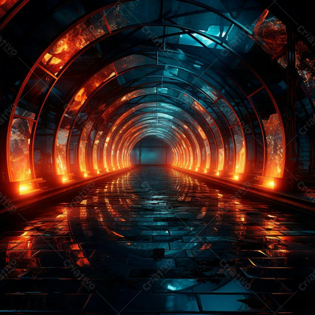 Túnel futurista com iluminação laranja e azul