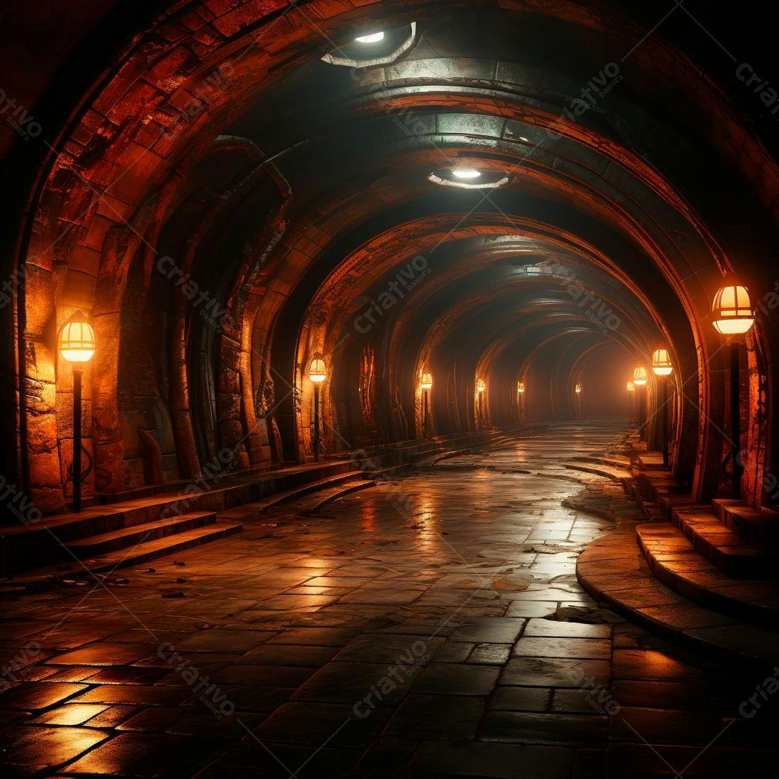 Túnel medieval iluminado com lamparinas