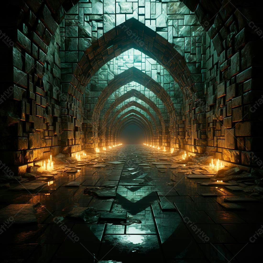 Túnel medieval com velas e pedras escuras