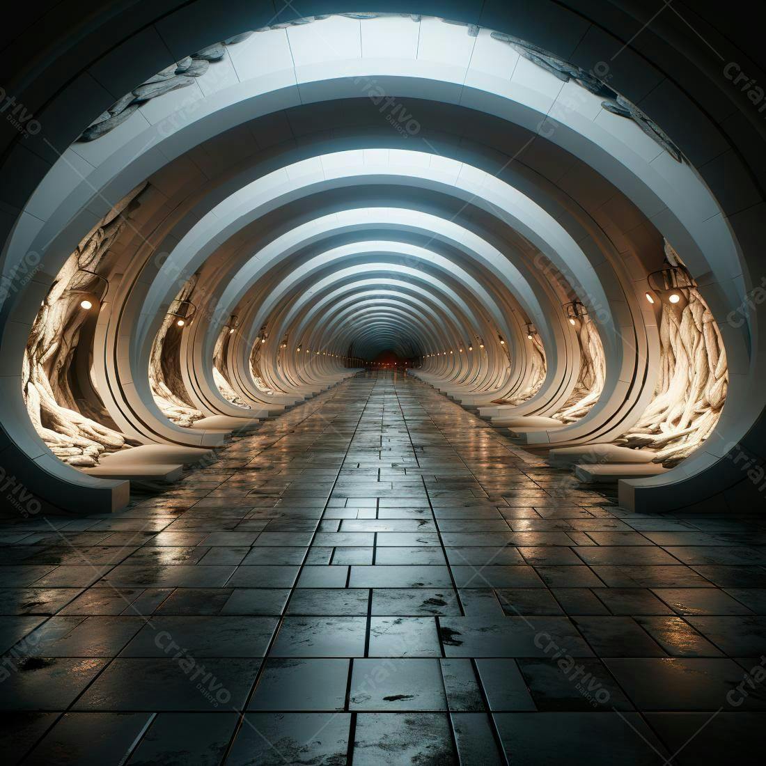 Túnel futurista com raízes iluminado