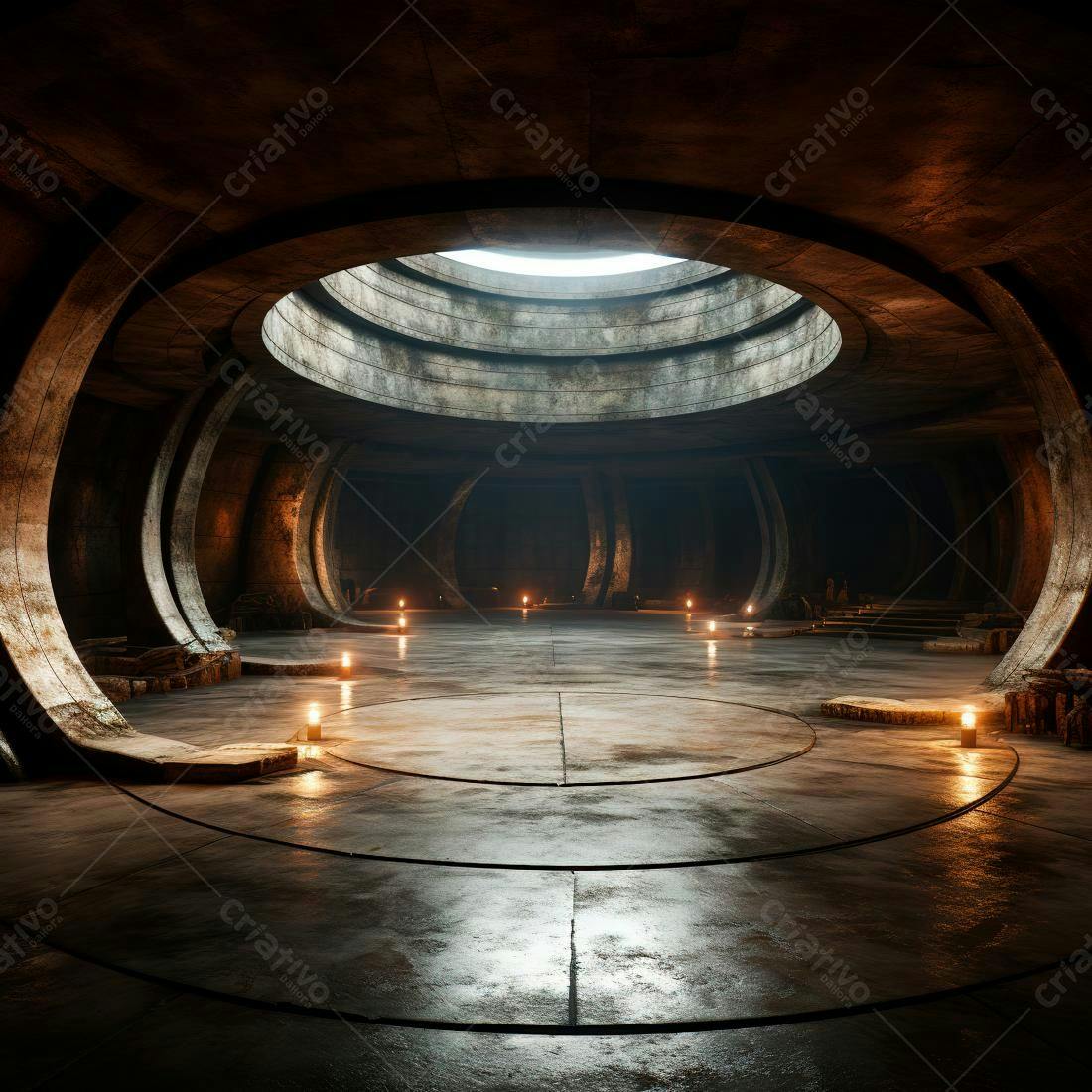 Ambiente circular subterrâneo com velas
