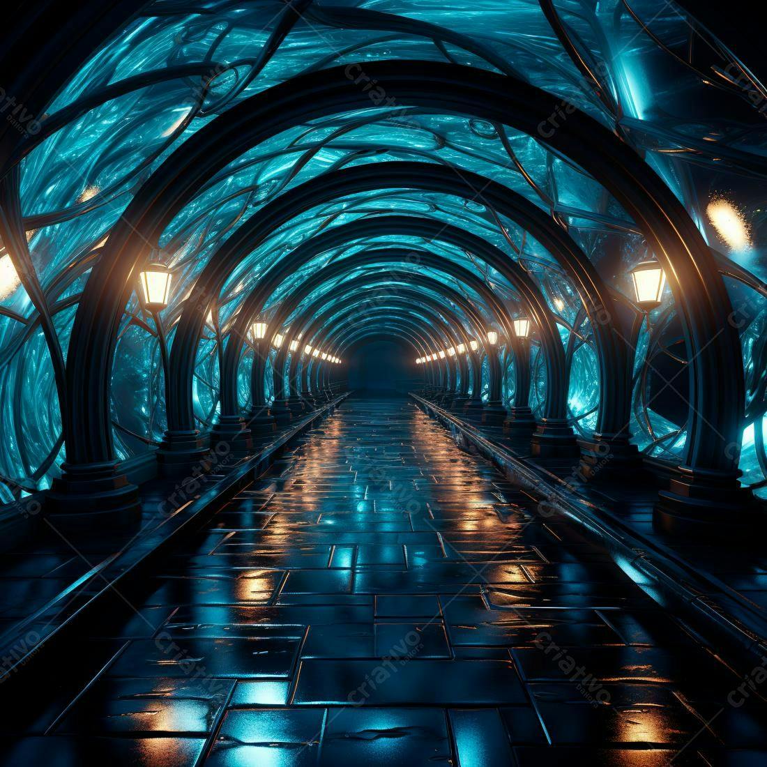 Túnel Azul Iluminado com Luzes Amarelas