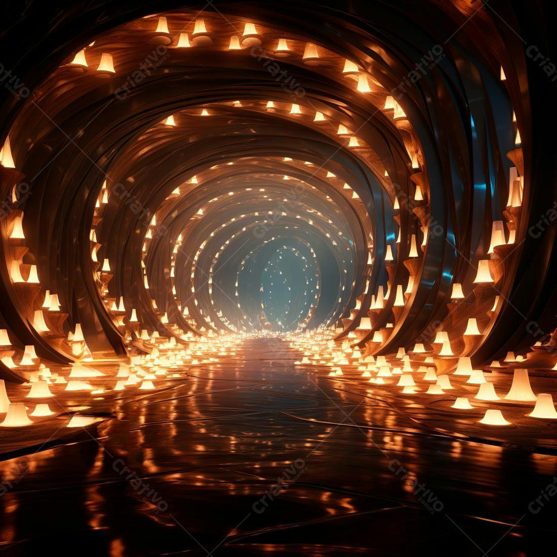 Túnel futurista iluminado com luzes quentes