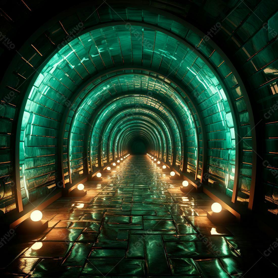 Túnel Verde Iluminado com Luzes Amarelas