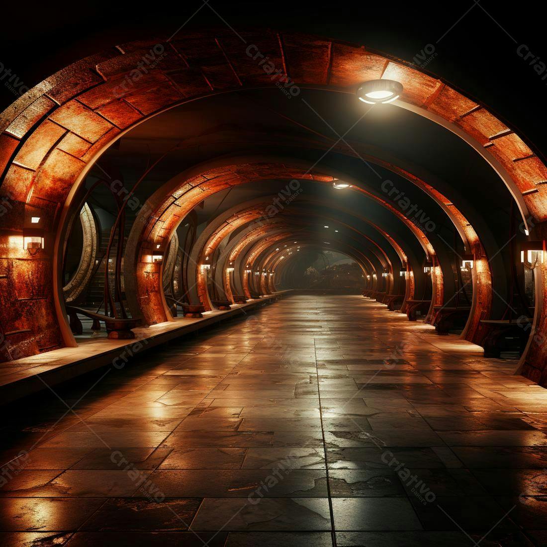 Corredor futurista com arcos enferrujados e iluminação suave
