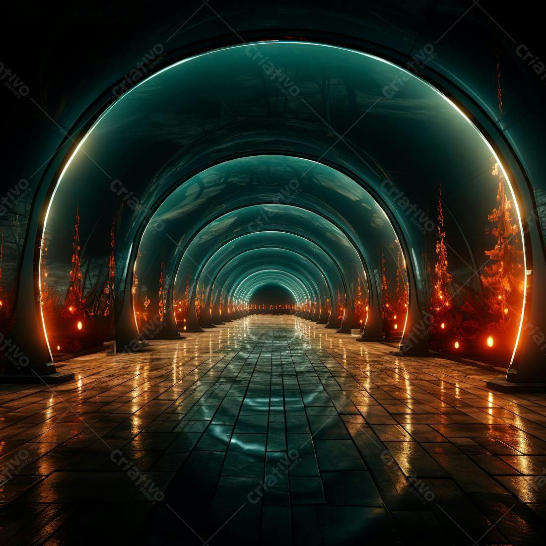 Túnel futurista com iluminação laranja e azul-esverdeada