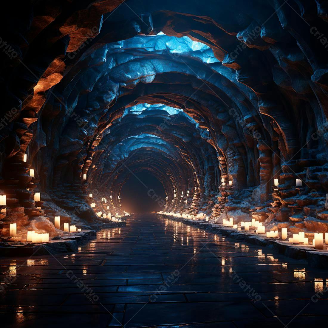 Túnel de pedra com velas acesas