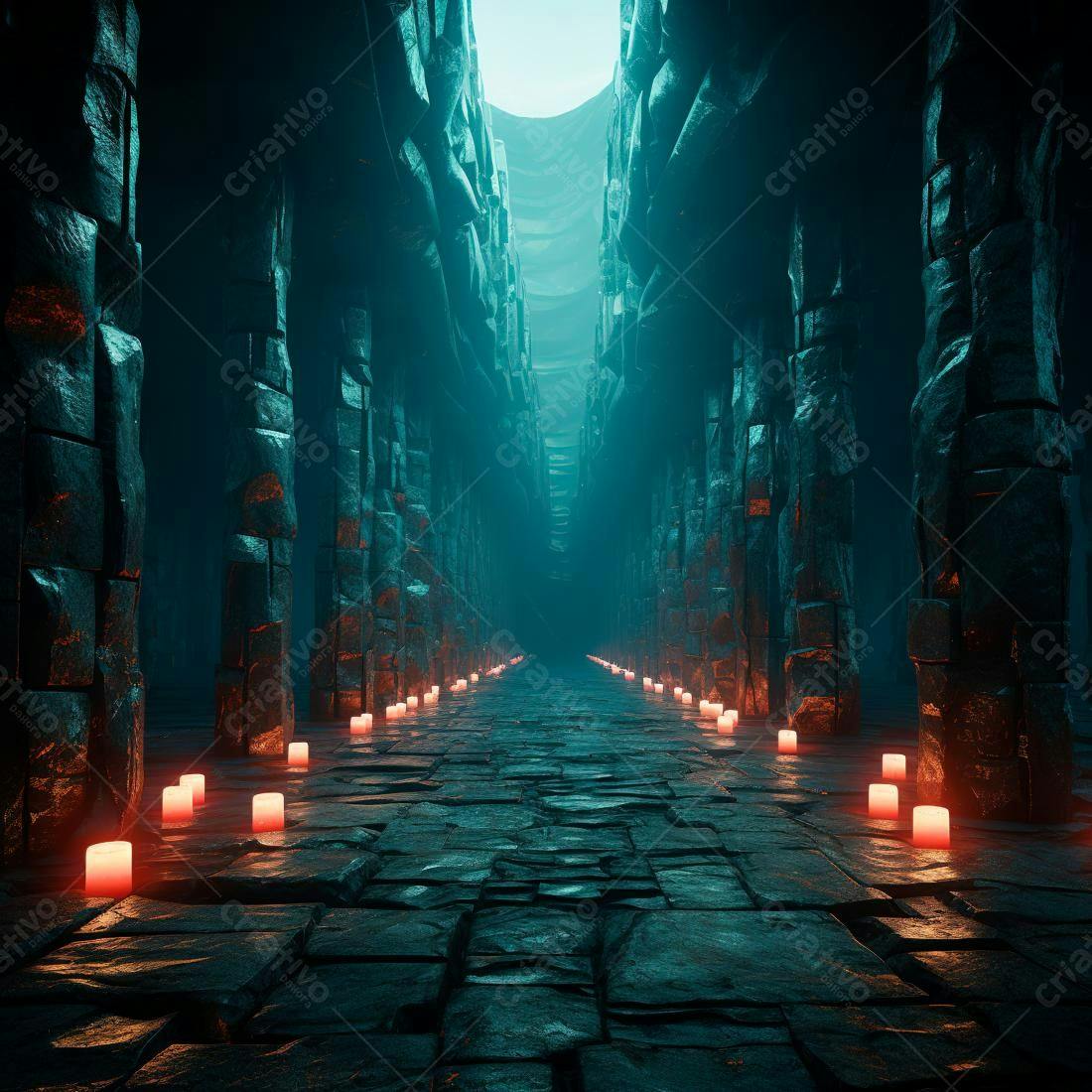 Caminho de velas em corredor de pedra azul