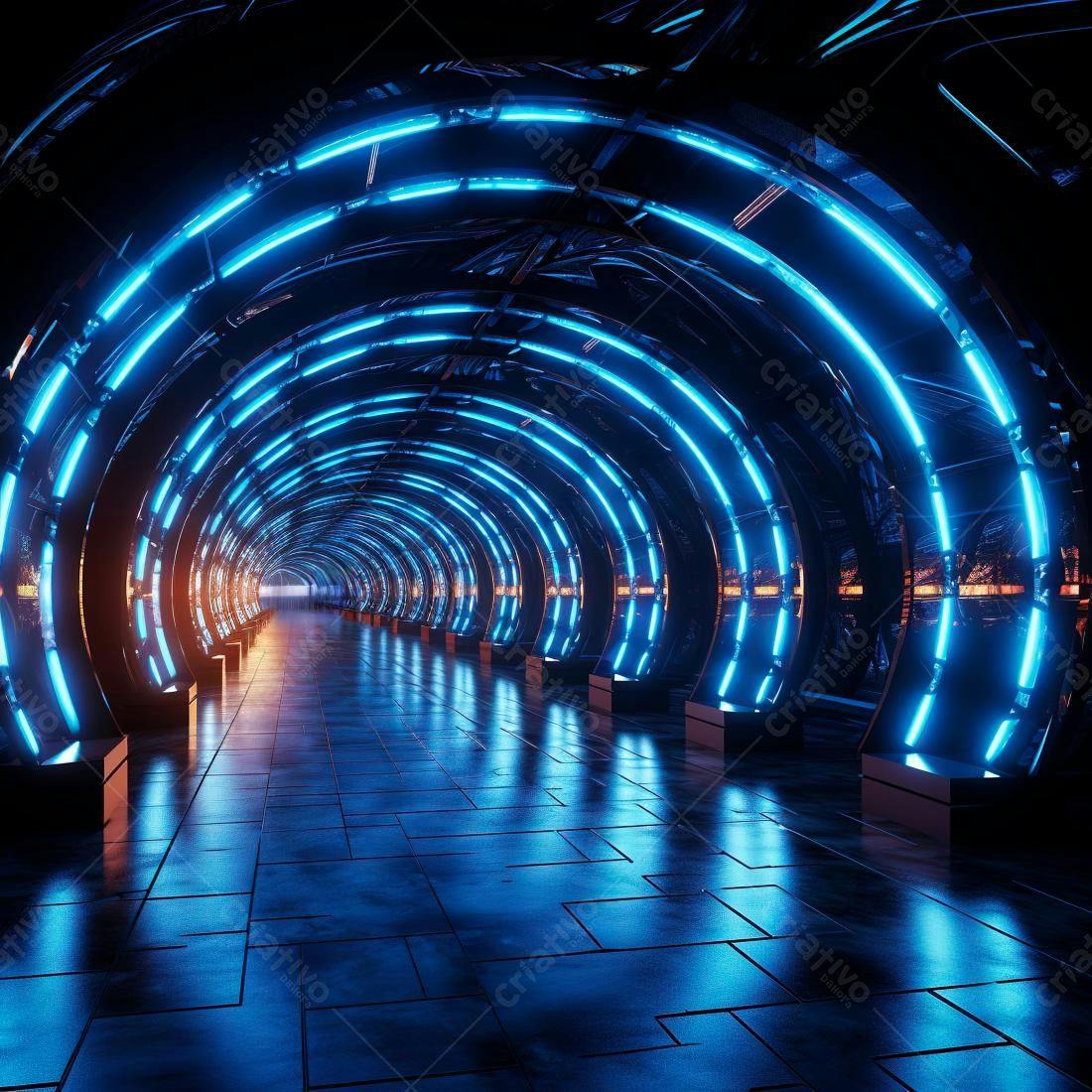 Túnel futurista com luzes azuis e laranjas