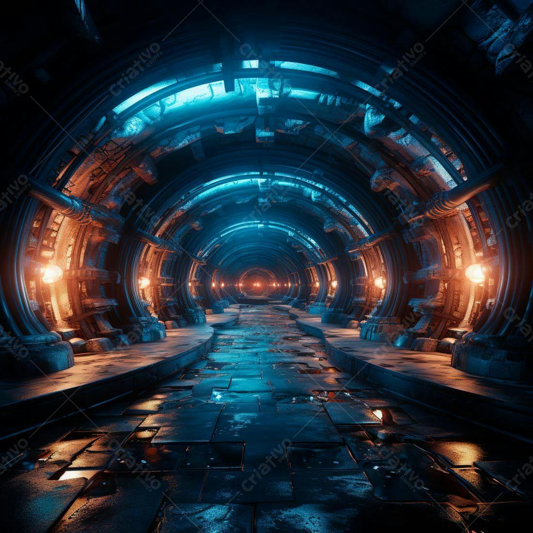 Túnel futurista azul e laranja iluminado