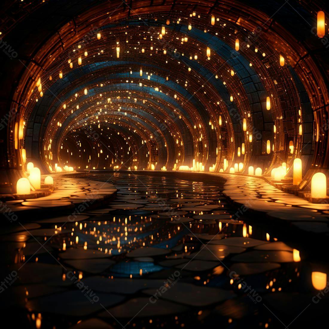 Túnel iluminado com velas e água reflexiva